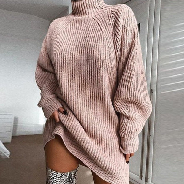 Solid Turtleneck Long Sweater Winter Warm Women Sweater Dress - My Store