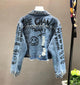 Fashion Diamond Beads Graffiti Printed Design Short Denim Jacket Coat Casual Women Cowboy Jeans Coats Outerwear - My Store