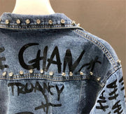 Fashion Diamond Beads Graffiti Printed Design Short Denim Jacket Coat Casual Women Cowboy Jeans Coats Outerwear - My Store
