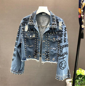 Fashion Diamond Beads Graffiti Printed Design Short Denim Jacket Coat Casual Women Cowboy Jeans Coats Outerwear - My Store