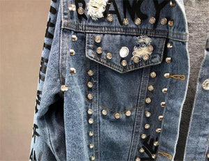 Fashion Diamond Beads Graffiti Printed Design Short Denim Jacket Coat Casual Women Cowboy Jeans Coats Outerwear - My Store