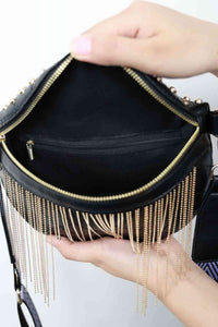 Adored PU Leather Studded Sling Bag with Fringes