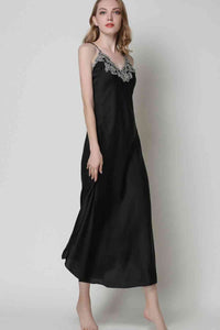 Full Size Lace Trim V-Neck Spaghetti Strap Satin Night Dress