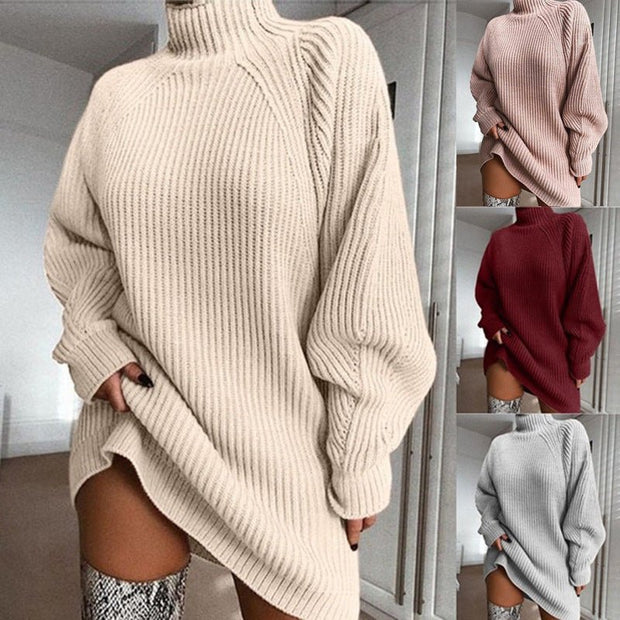 Solid Turtleneck Long Sweater Winter Warm Women Sweater Dress - My Store