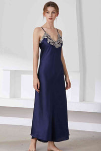 Full Size Lace Trim V-Neck Spaghetti Strap Satin Night Dress