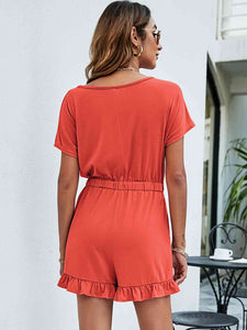 Drawstring Waist Ruffled Short Sleeve Romper