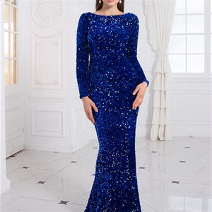 Women Modest Stretch Sequin Royal Blue Evening Prom Gown Party - My Store