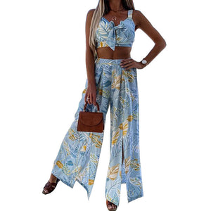 women's commuter print suspender top mid-waist wide-leg pants two-piece set