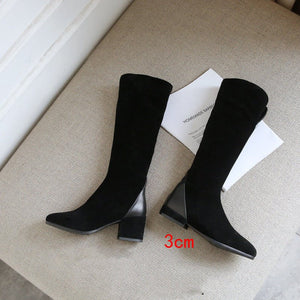 Women's New Leather Scrub Thick Heel High Boots - My Store