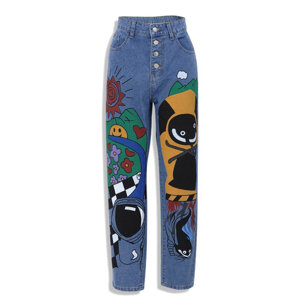 Womens Cartoon Printed Jeans Harem Pants Trousers For Women - My Store